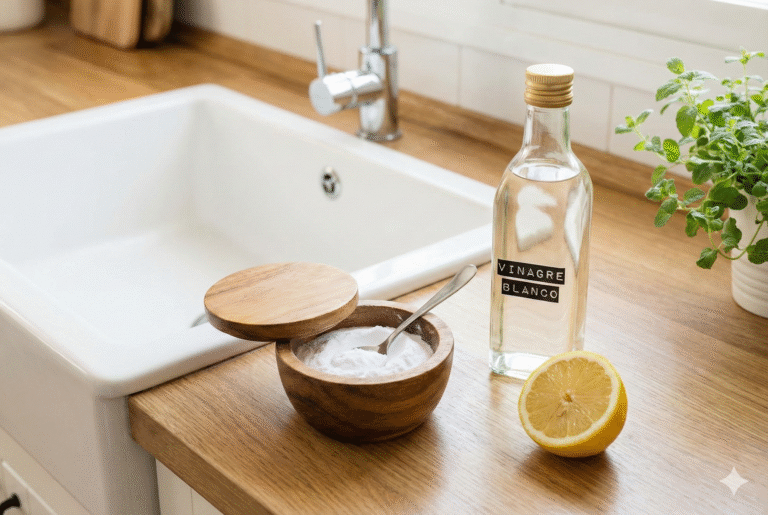 Ingredientes naturales para desatascar tuberías: bicarbonato, vinagre y limón en la encimera de la cocina.