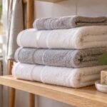 Toallas blancas dobladas y apiladas en una balda de madera de baño