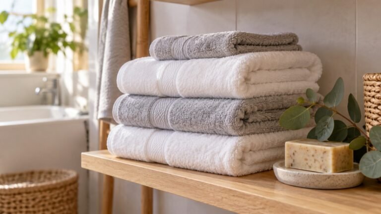 Toallas blancas dobladas y apiladas en una balda de madera de baño
